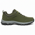 Army green outdoor trail shoes for men featuring mesh ventilation and anti-slip rubber outsole
