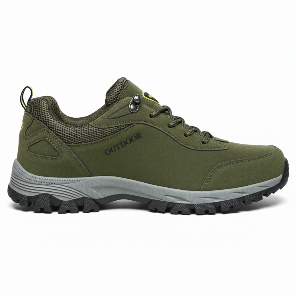 Army green outdoor trail shoes for men featuring mesh ventilation and anti-slip rubber outsole