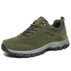 Army green outdoor trail shoes for men featuring mesh ventilation and anti-slip rubber outsole