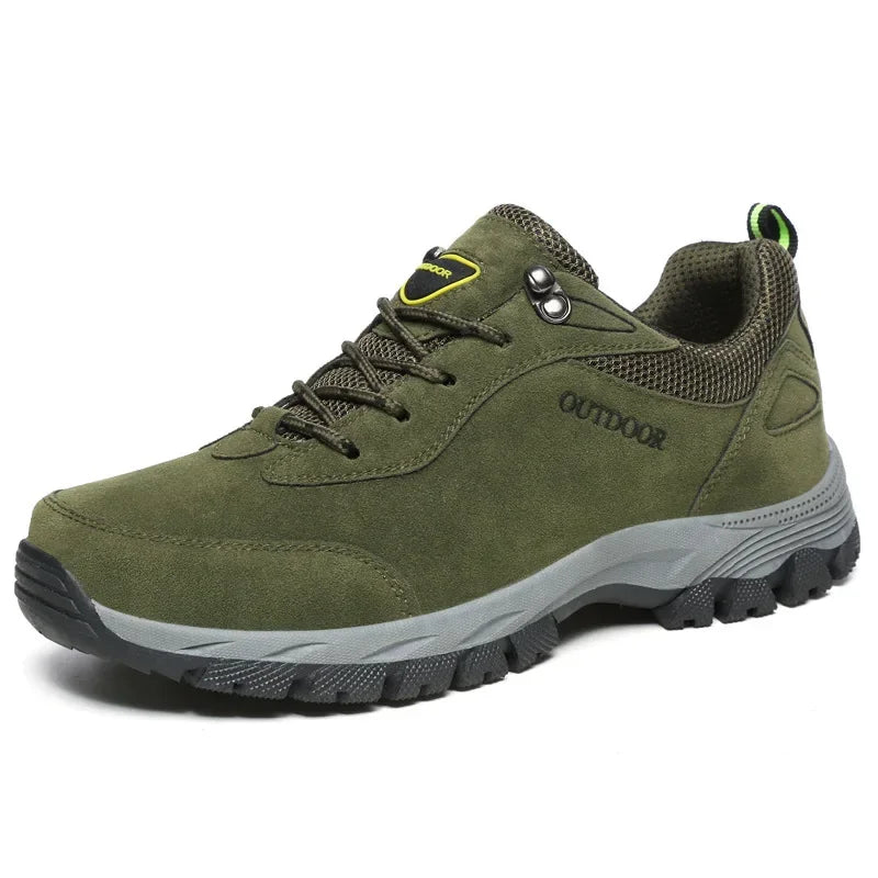 Army green outdoor trail shoes for men featuring mesh ventilation and anti-slip rubber outsole
