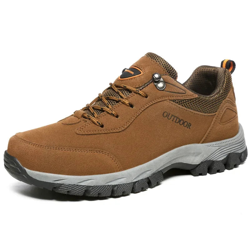 Brown suede leather hiking shoes for men with cushioned sole and lace-up design for outdoor adventures