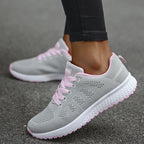 Gray and pink breathable walking sneakers for women with cushioned insole and rubber outsole