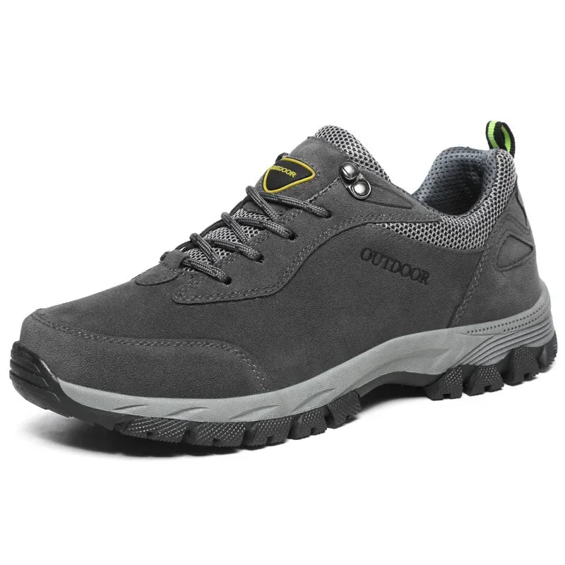 Men's gray outdoor hiking shoes with breathable mesh panels and rubber traction sole for trail walking