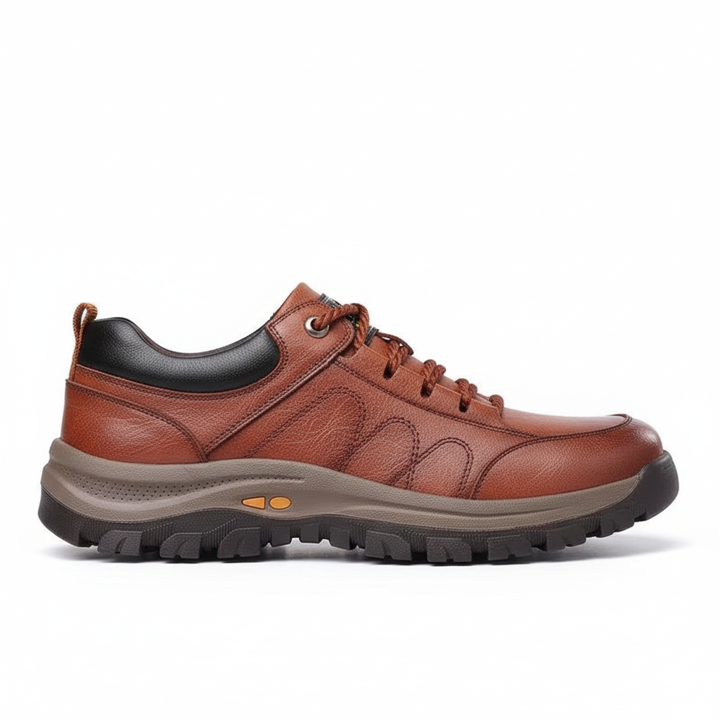 Men’s orthopedic leather shoes by Orbiana featuring breathable design, arch support, and non-slip sole for everyday comfort brown