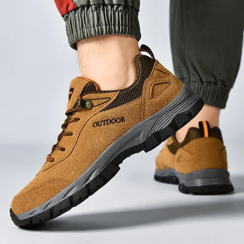 Man wearing tan outdoor hiking shoes showing comfortable fit and versatile casual style