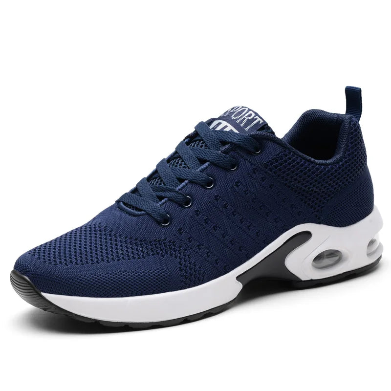 Navy blue orthopedic running trainers with air cushion heel and contoured footbed for maximum foot support