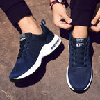 Man wearing navy orthopedic air cushion sneakers showing comfortable fit and therapeutic support for active lifestyle