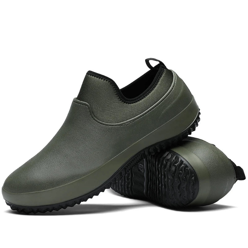 Olive green waterproof slip-on shoes with grip sole for professional kitchen work