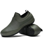 Olive green waterproof slip-on shoes with grip sole for professional kitchen work