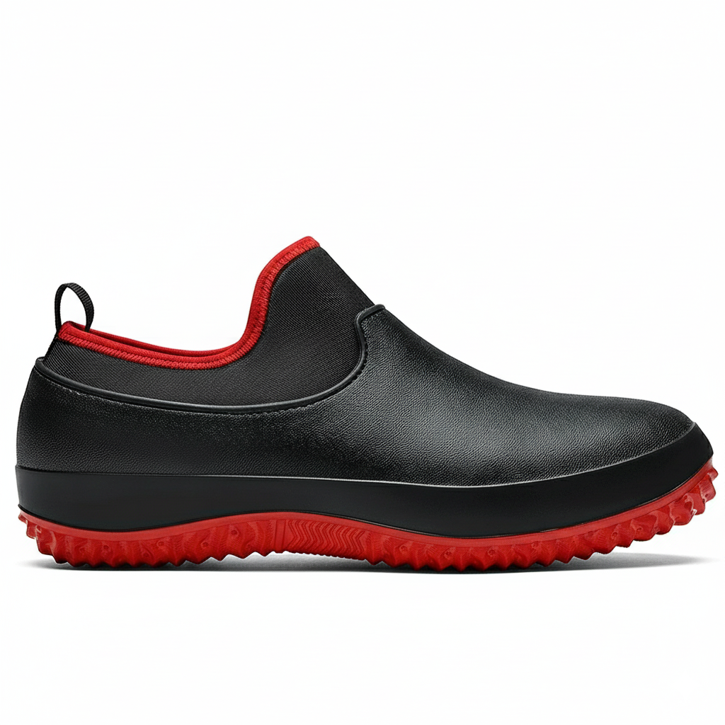 Waterproof slip-on work shoes in black with red non-slip sole for kitchen professionals white background