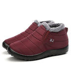 Wine red waterproof ankle boots for women with elastic panels and warm fur lining