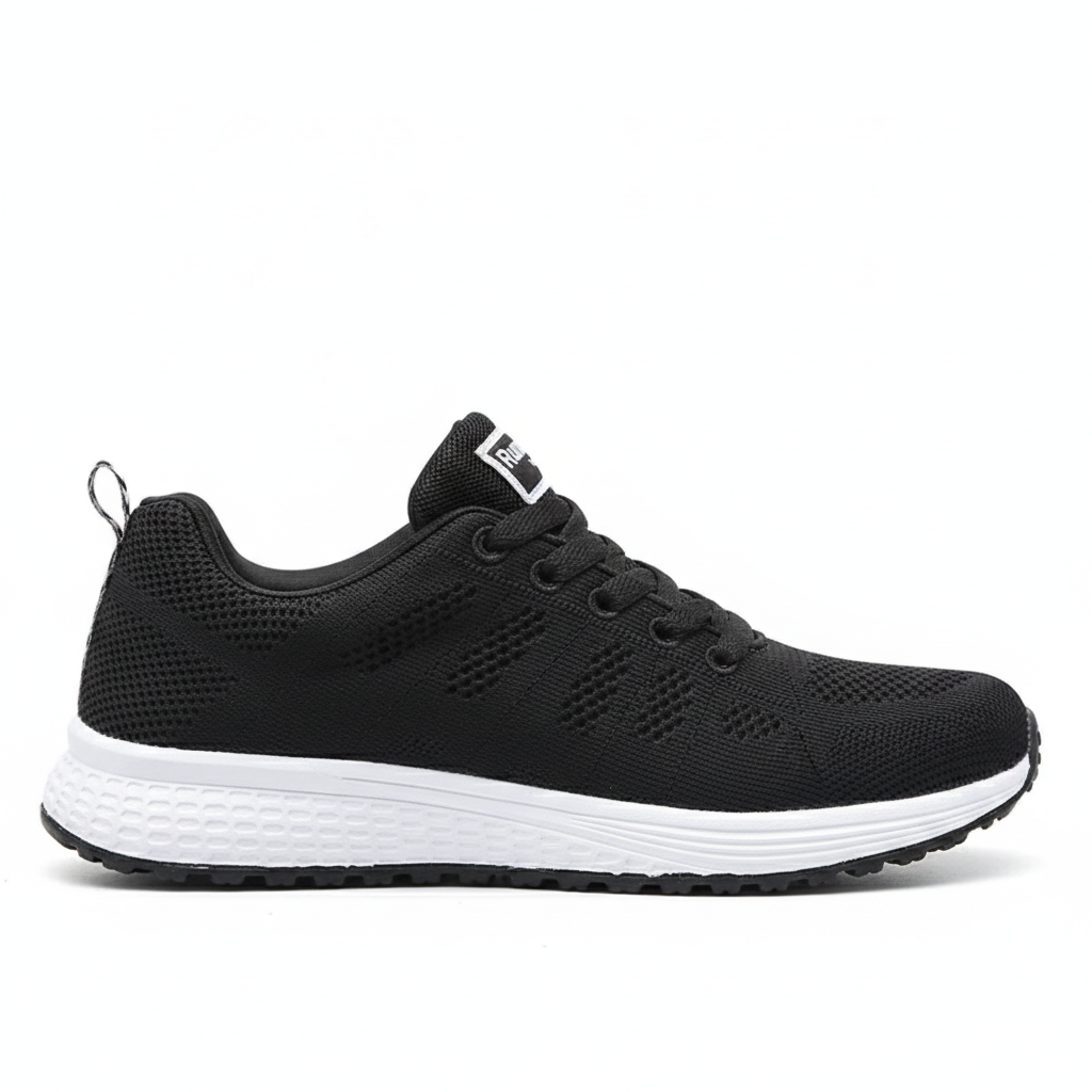 Black and white breathable mesh tennis sneakers for women with cushioned sole for all-day comfort from side white background