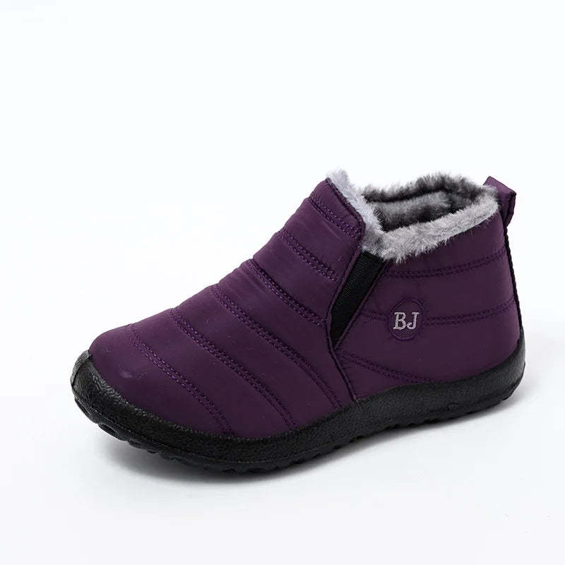 Women's purple waterproof winter ankle boots with thick fur lining and slip-on design for cold weather